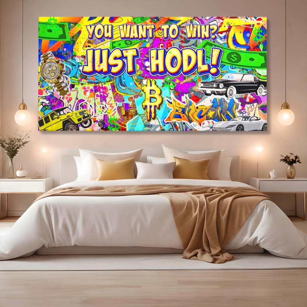 Tablou canvas cu tablou canvas cu graffiti si bitcoin, fara rama, pe sasiu de lemn, pe perete intr-un dormitor